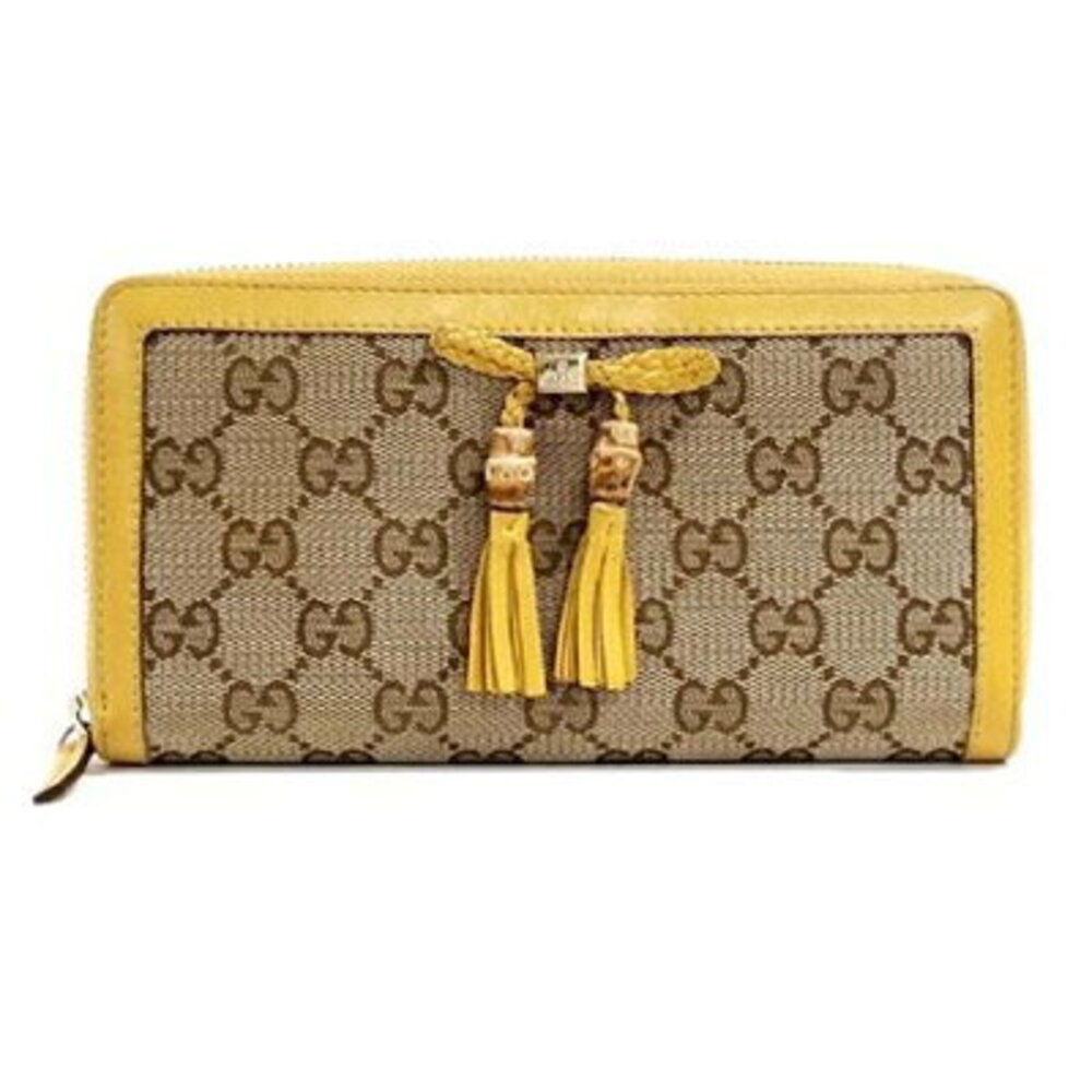 Gucci Bamboo Tassel Zip Around Wallet GG Canvas Yellow Beige Wallet Long B